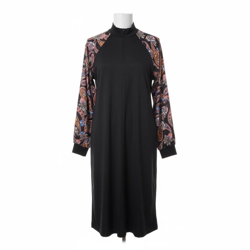 Zara Dress Size S Black Long Sleeve Midi Paisley Print Sleeve Mock Neck Modest